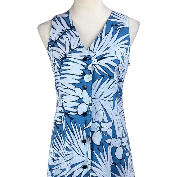 Talbots Vintage Blue Botanical Linen Cotton Sleeveless Fit & Flare Midi Dress - Picture 6 of 10